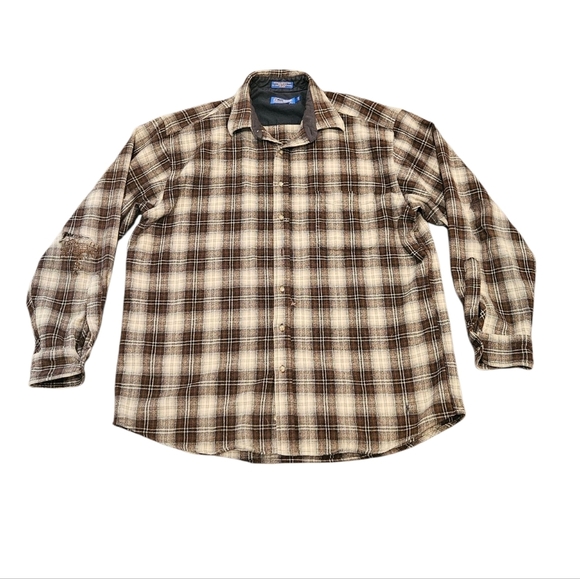 Pendleton Vintage Men XL Long Wool Lodge Plaid Distressed Brown Button Up Shirt